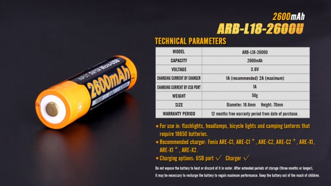 Fenix Light Rechargeable 18650 ARB-L18 2600mAh USB