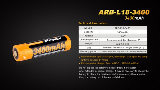 Fenix Light Rechargeable 18650 ARB-L18 3400mAh